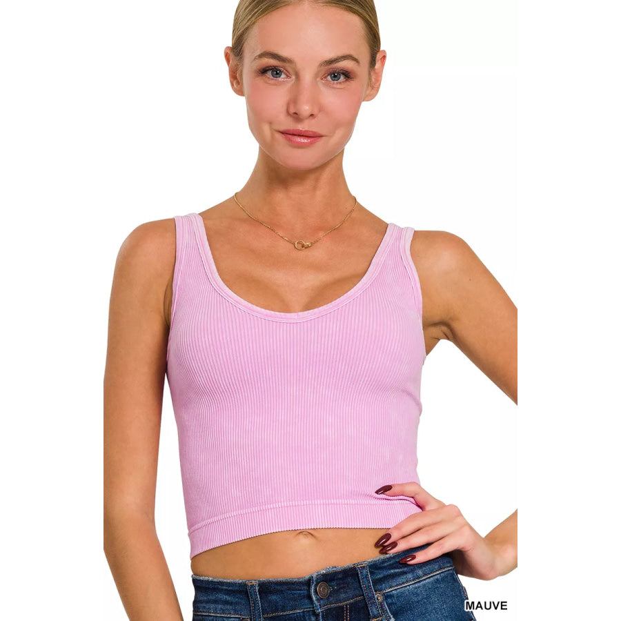 Zenana 2 Way Neckline Washed Ribbed Seamless Tank Top MAUVE / S/M Apparel and Accessories