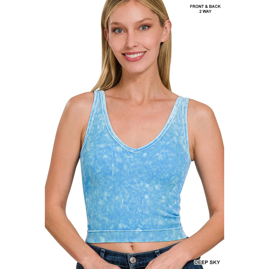 Zenana 2 Way Neckline Washed Ribbed Seamless Tank Top DEEP SKY / S/M Apparel and Accessories