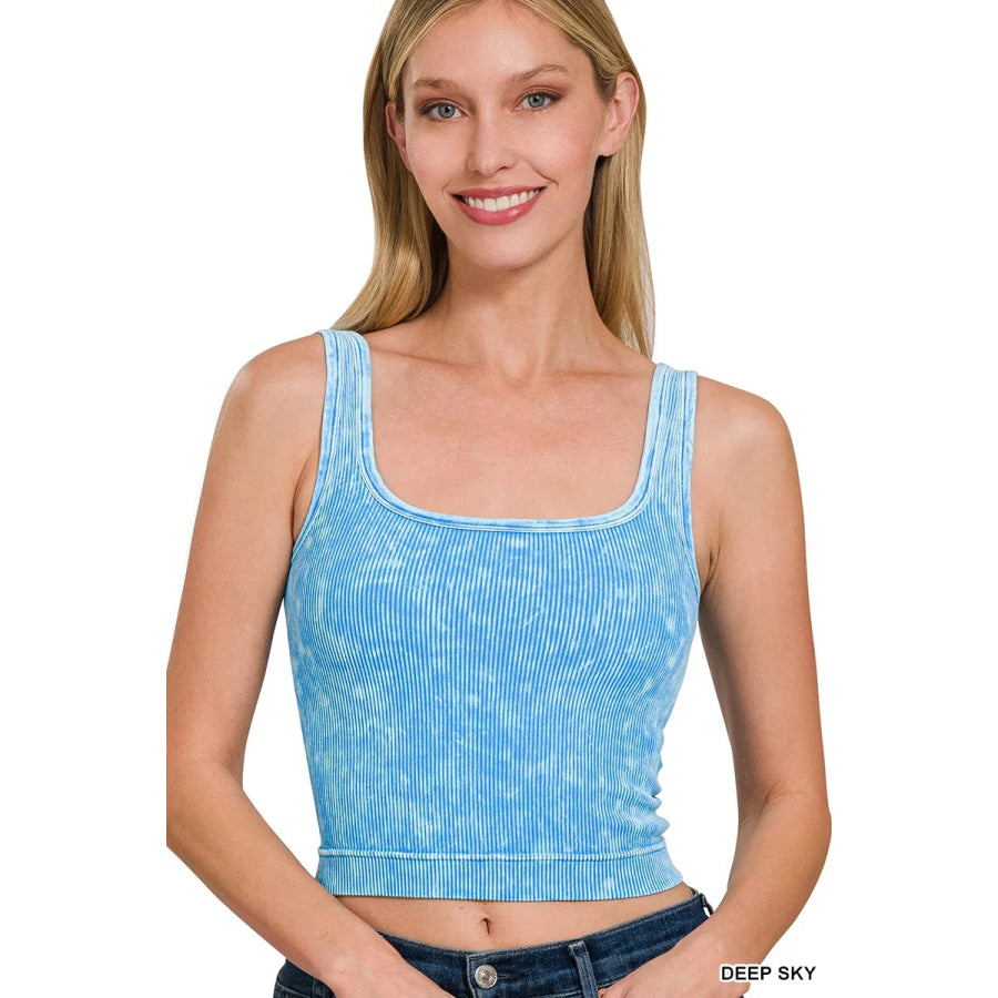 Zenana 2 Way Neckline Washed Ribbed Seamless Tank Top DEEP SKY / S/M Apparel and Accessories