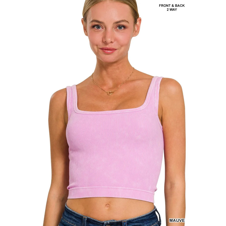 Zenana 2 Way Neckline Washed Ribbed Seamless Tank Top MAUVE / S/M Apparel and Accessories