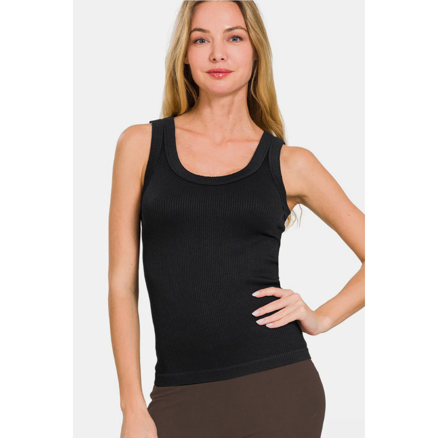 Zenana 2 Way Neckline Washed Ribbed Tank Black / S/M Shirts &amp; Tops