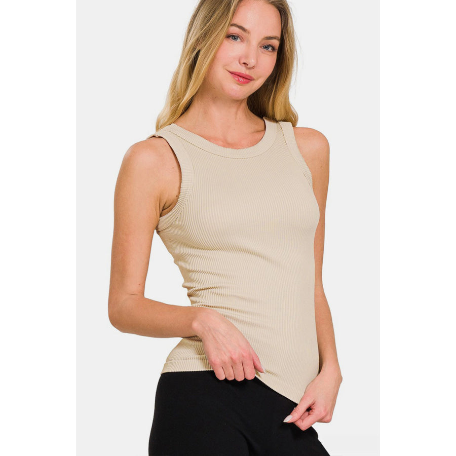 Zenana 2 Way Neckline Washed Ribbed Tank Sand Beige / S/M Shirts &amp; Tops