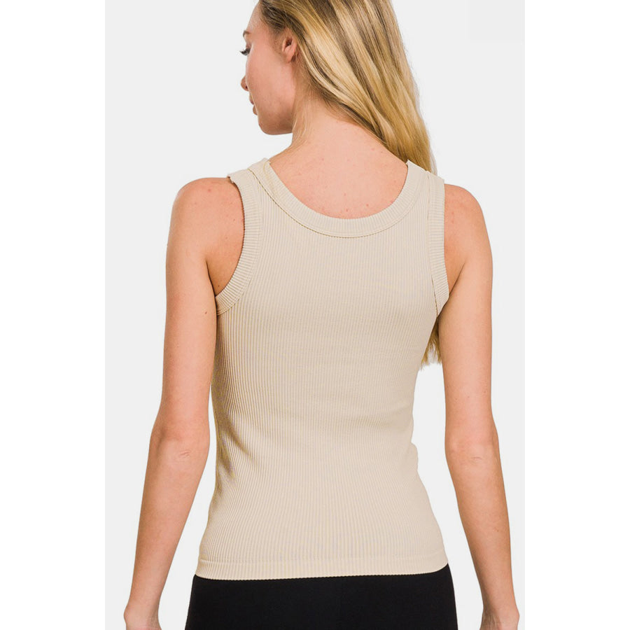 Zenana 2 Way Neckline Washed Ribbed Tank Sand Beige / S/M Shirts & Tops