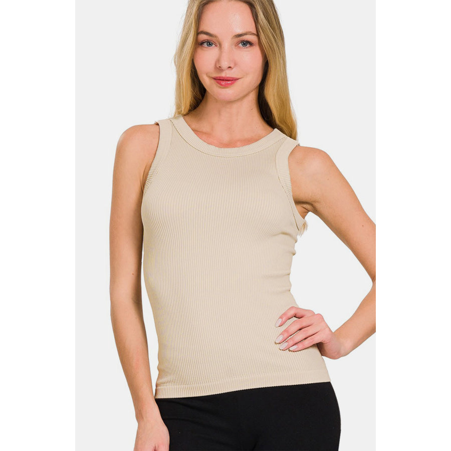 Zenana 2 Way Neckline Washed Ribbed Tank Shirts &amp; Tops