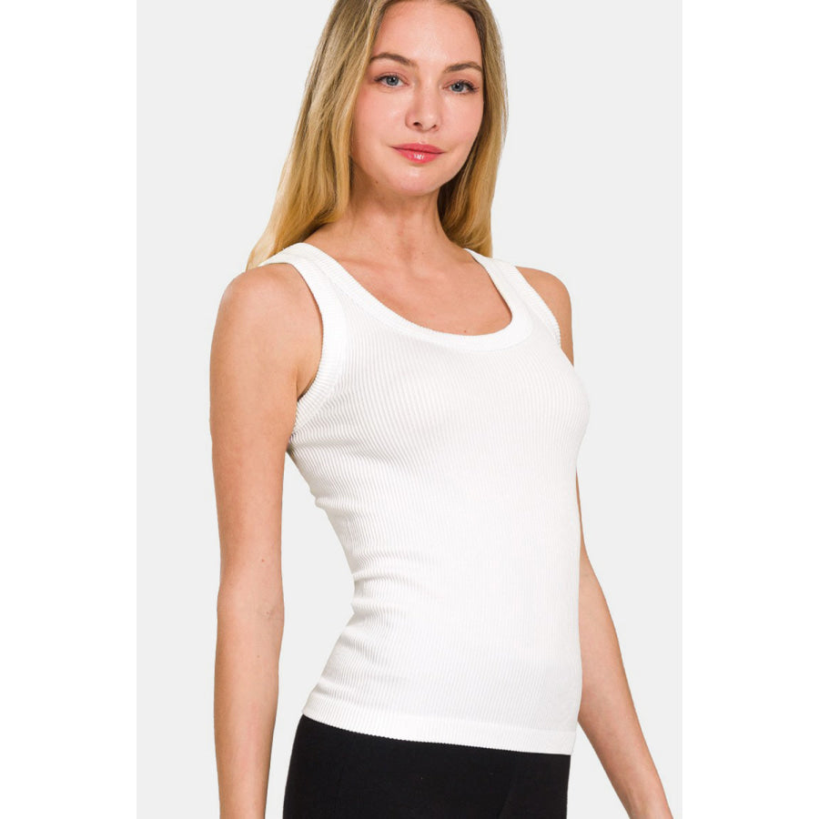 Zenana 2 Way Neckline Washed Ribbed Tank White / S/M Apparel and Accessories