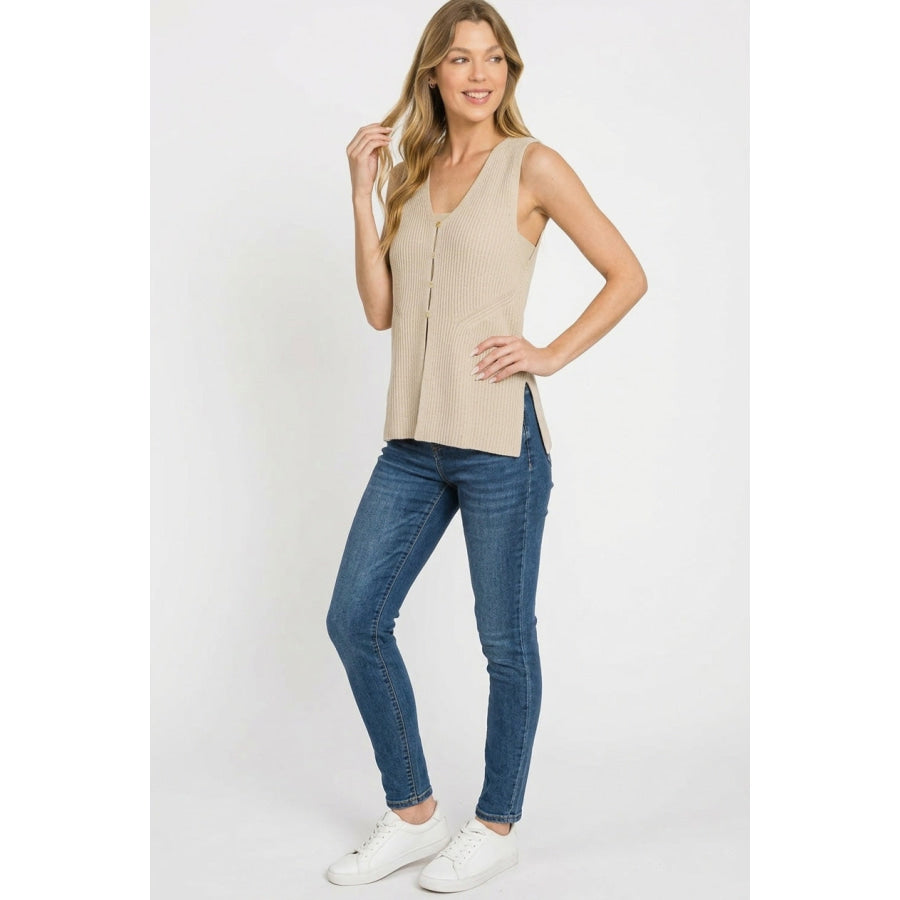 Zenana 4 Buttons Ribbed Sweater Vest Apparel and Accessories