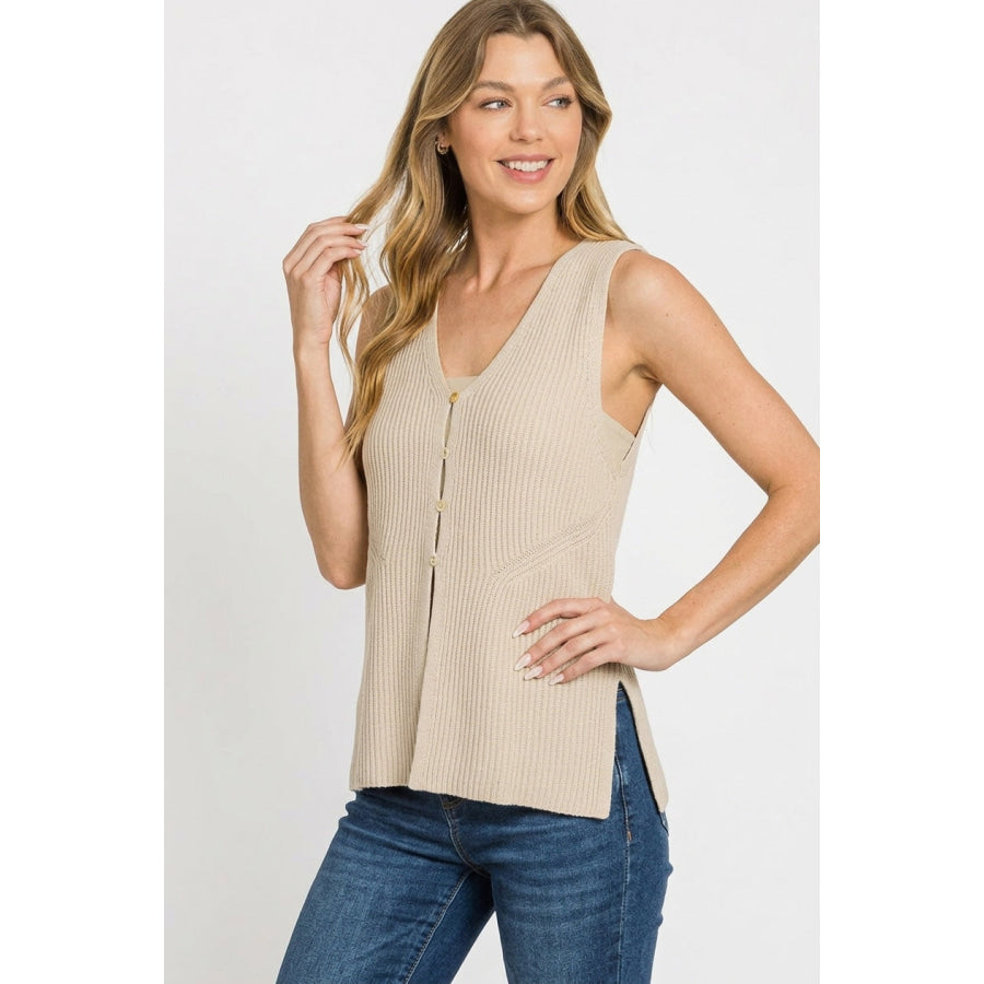 Zenana 4 Buttons Ribbed Sweater Vest SAND BEIGE / S Apparel and Accessories