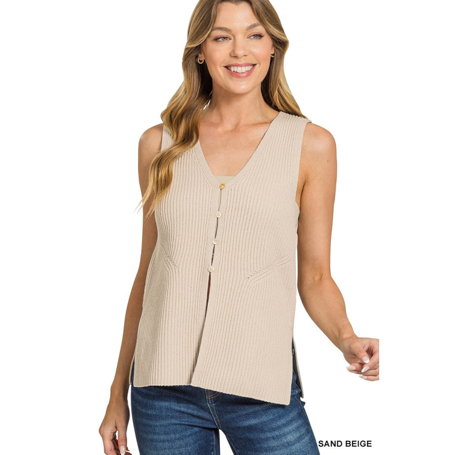 Zenana 4 Buttons Ribbed Sweater Vest SAND BEIGE / S Apparel and Accessories