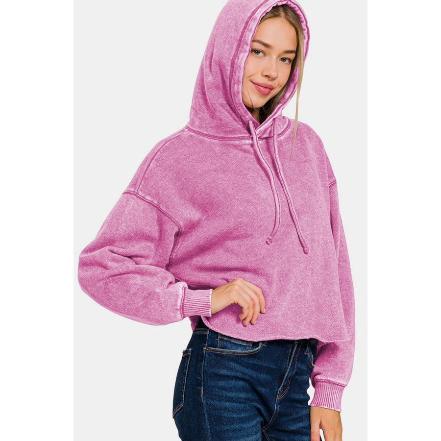 Zenana Acid Wash Fleece Cropped Hoodie Apparel and Accessories