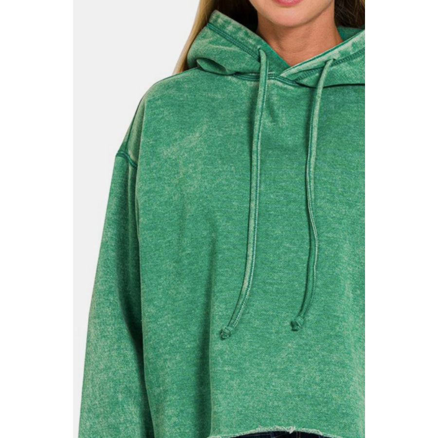 Zenana Acid Wash Fleece Cropped Hoodie Apparel and Accessories