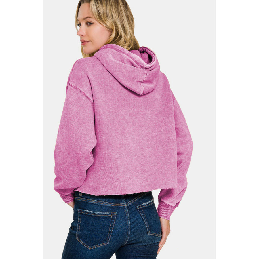 Zenana Acid Wash Fleece Cropped Hoodie Apparel and Accessories