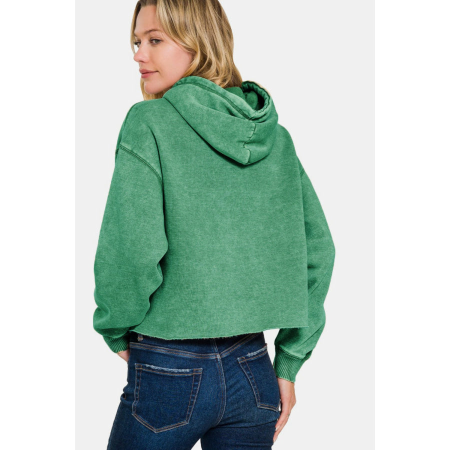 Zenana Acid Wash Fleece Cropped Hoodie Apparel and Accessories