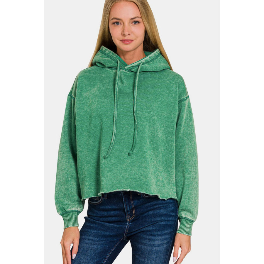 Zenana Acid Wash Fleece Cropped Hoodie Forest / S Apparel and Accessories