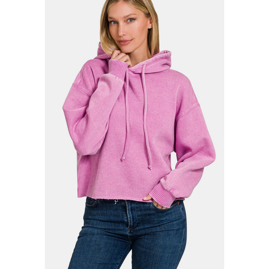 Zenana Acid Wash Fleece Cropped Hoodie Mauve / S Apparel and Accessories