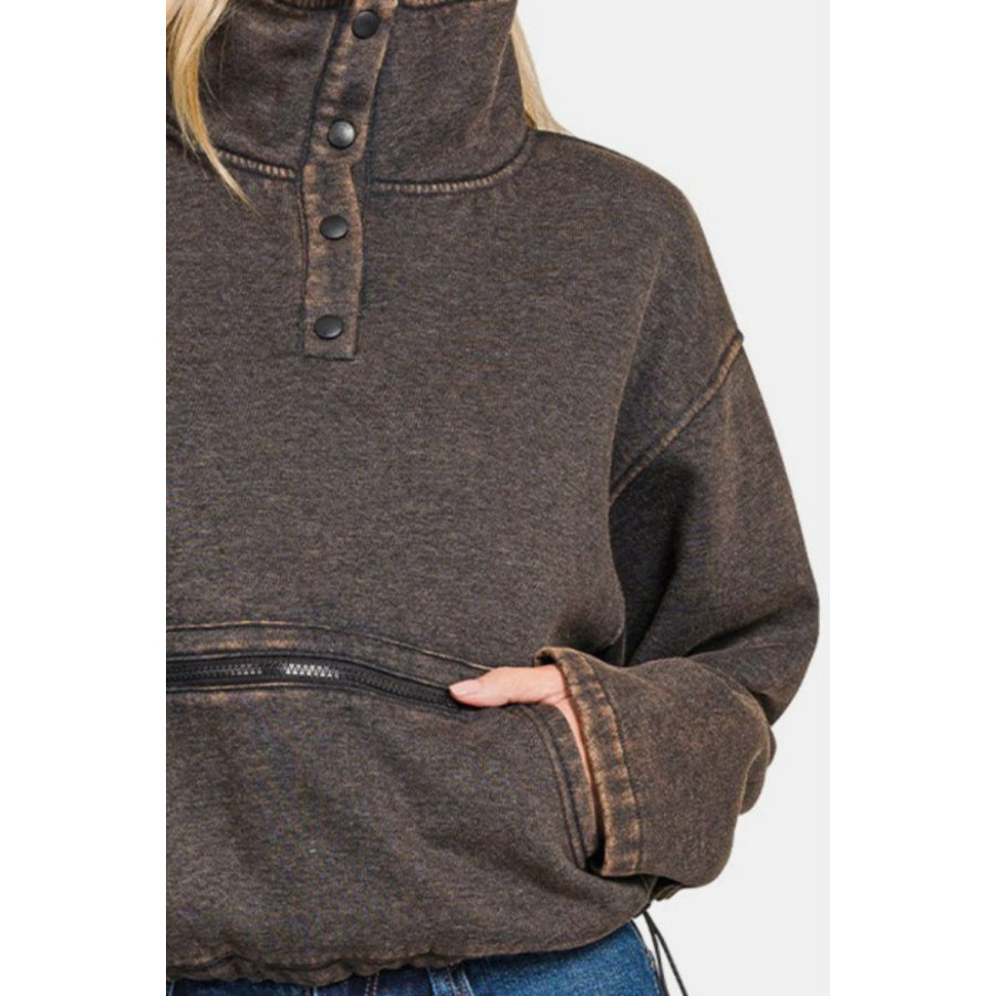 Zenana Acid Wash Fleece Half Snap Sweatshirt with Pocket Apparel and Accessories