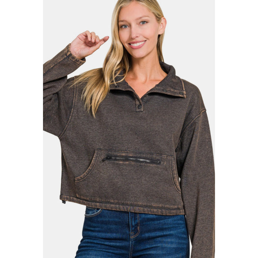 Zenana Acid Wash Fleece Half Snap Sweatshirt with Pocket Apparel and Accessories