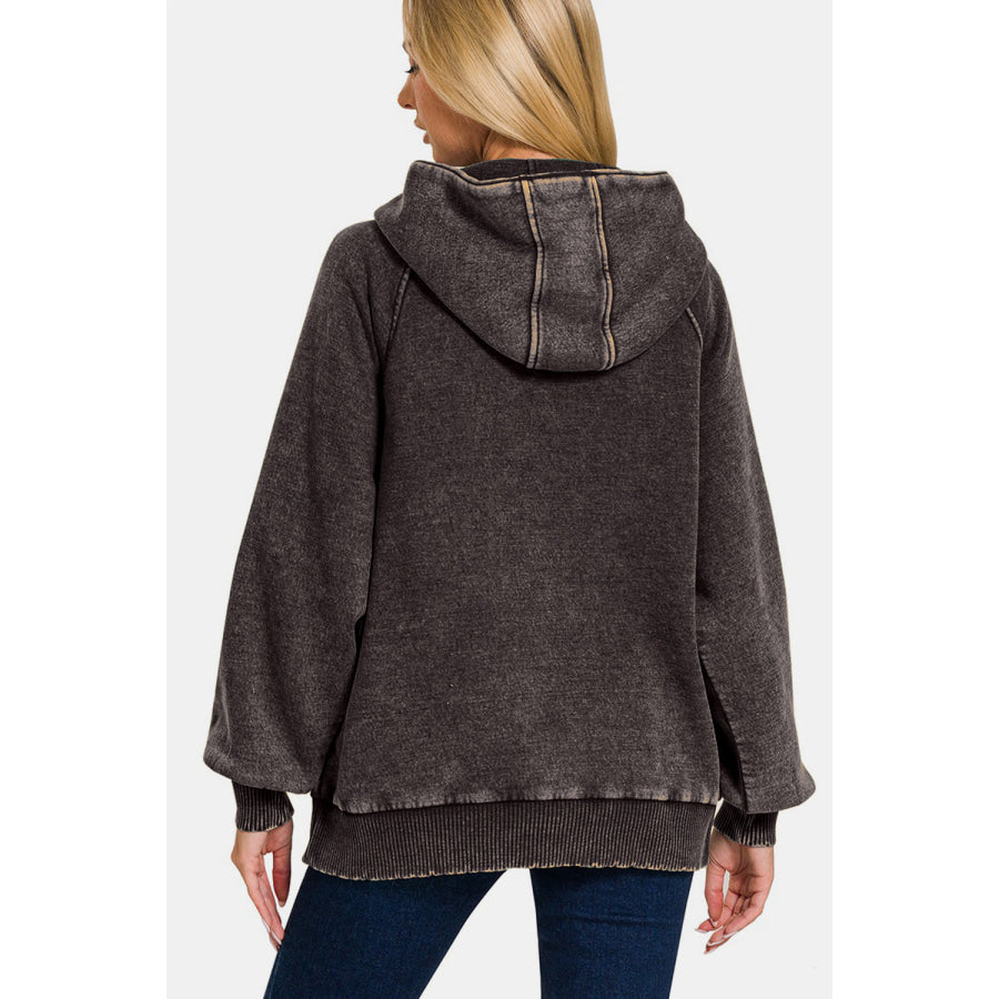 Zenana Acid Wash Fleece Kangaroo Hoodie Apparel and Accessories