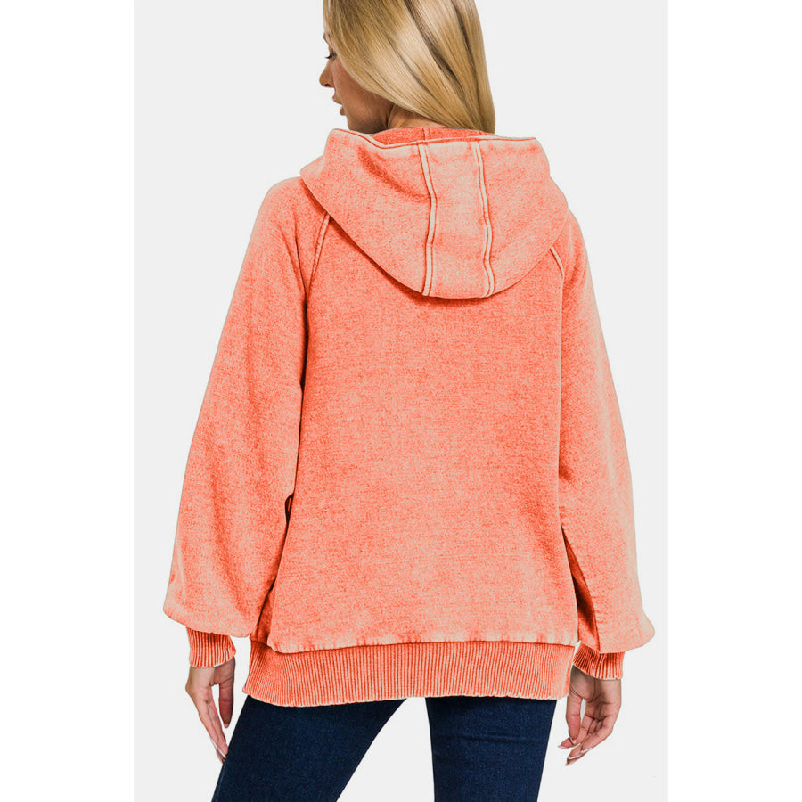 Zenana Acid Wash Fleece Kangaroo Hoodie Apparel and Accessories