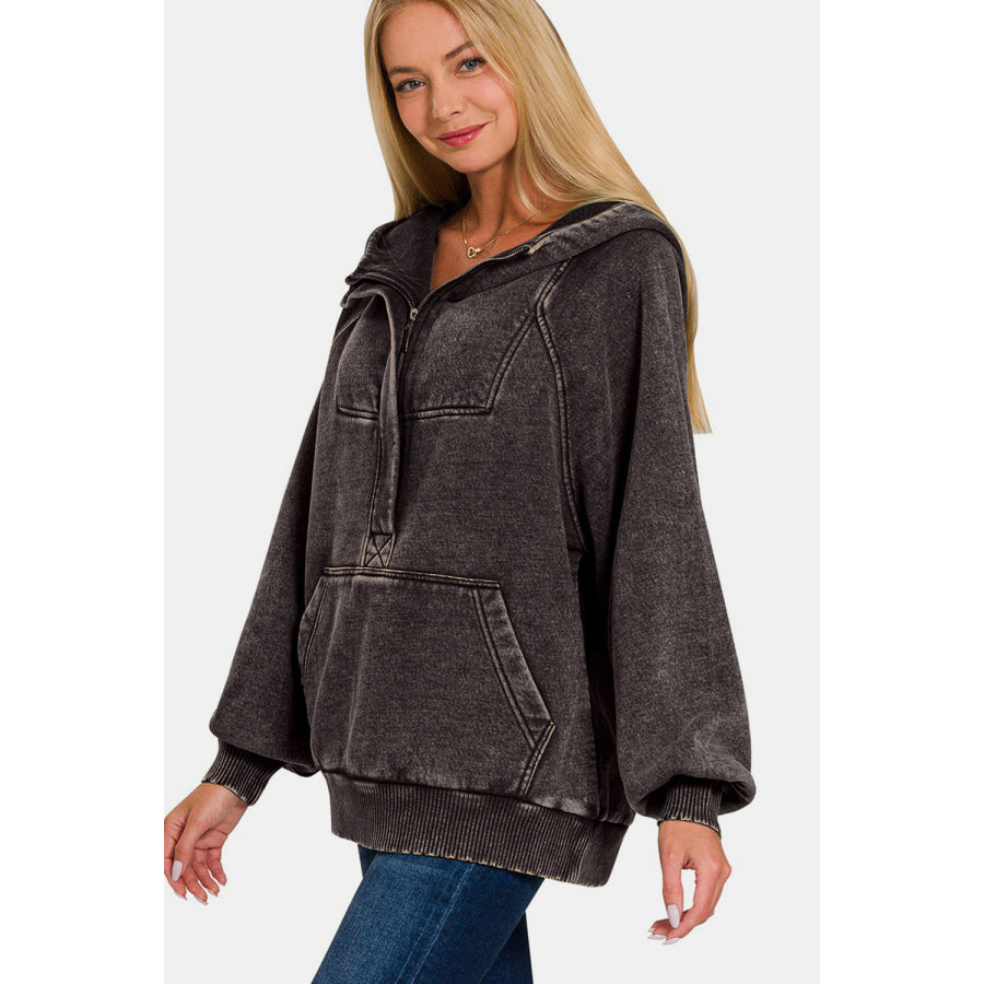 Zenana Acid Wash Fleece Kangaroo Hoodie Apparel and Accessories