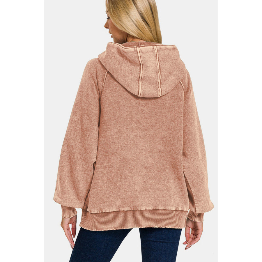 Zenana Acid Wash Fleece Kangaroo Hoodie Apparel and Accessories