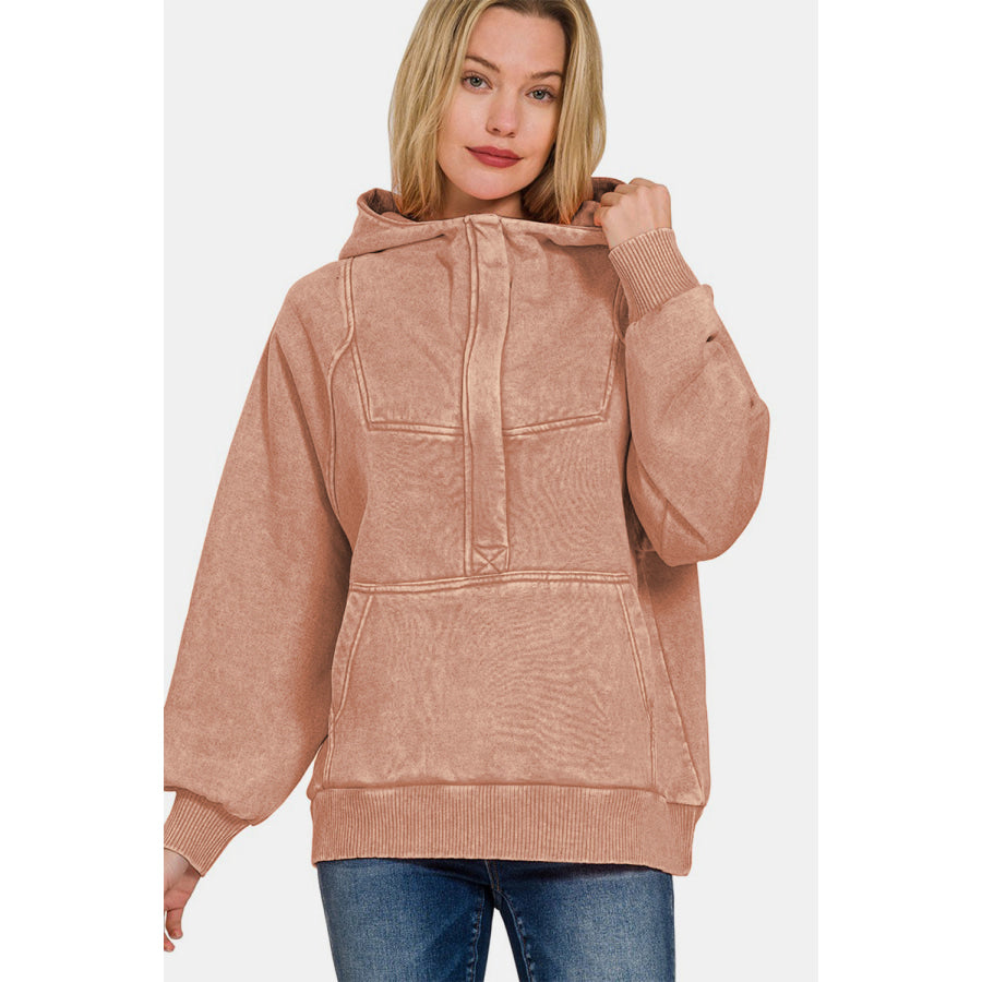 Zenana Acid Wash Fleece Kangaroo Hoodie Apparel and Accessories