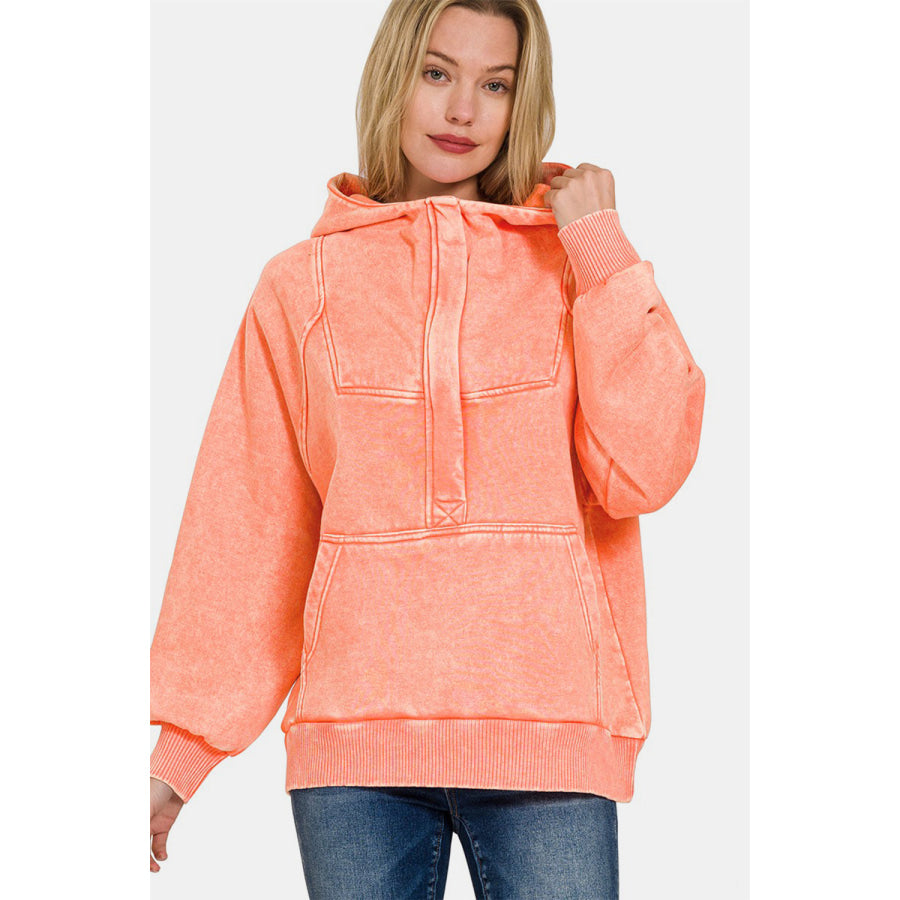 Zenana Acid Wash Fleece Kangaroo Hoodie Coral / S Apparel and Accessories