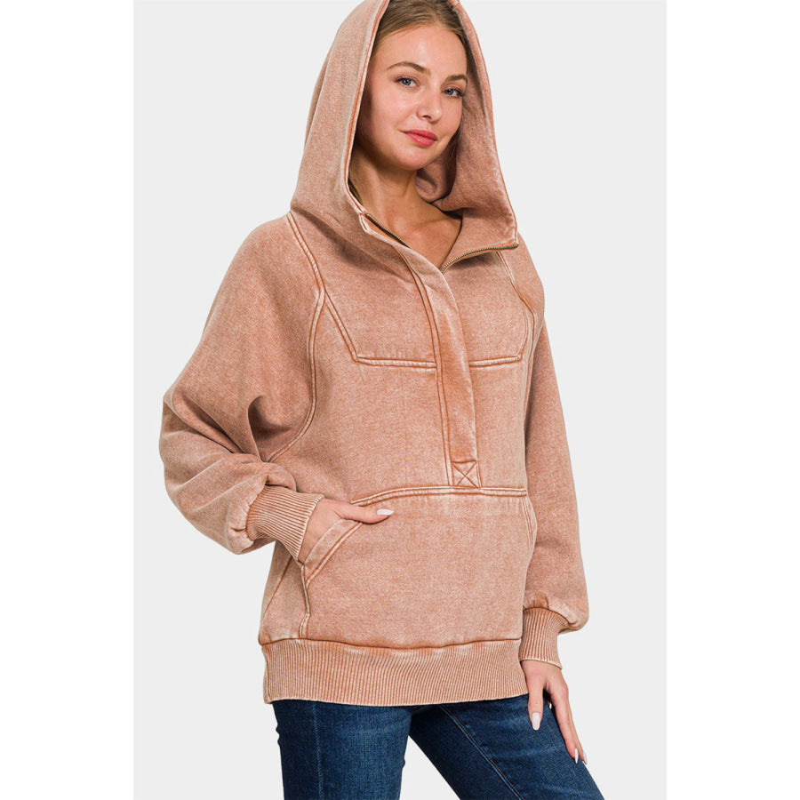 Zenana Acid Wash Fleece Kangaroo Hoodie Rust / S Apparel and Accessories