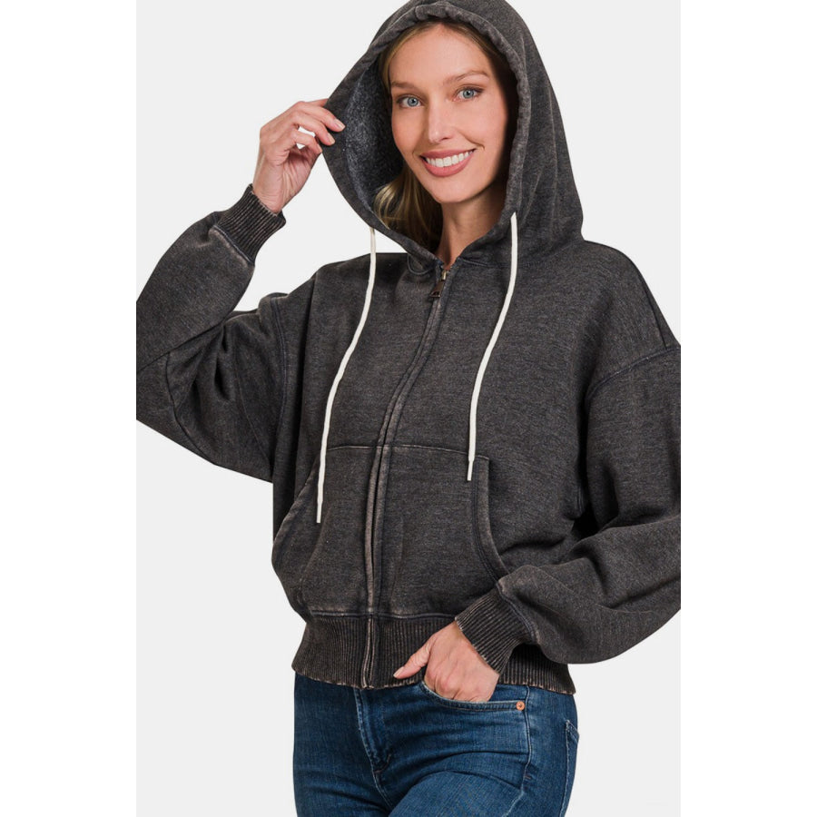 Zenana Acid Wash Fleece Zip-Up Cropped Hoodie Apparel and Accessories