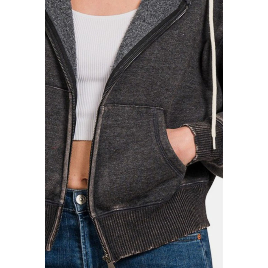 Zenana Acid Wash Fleece Zip-Up Cropped Hoodie Apparel and Accessories