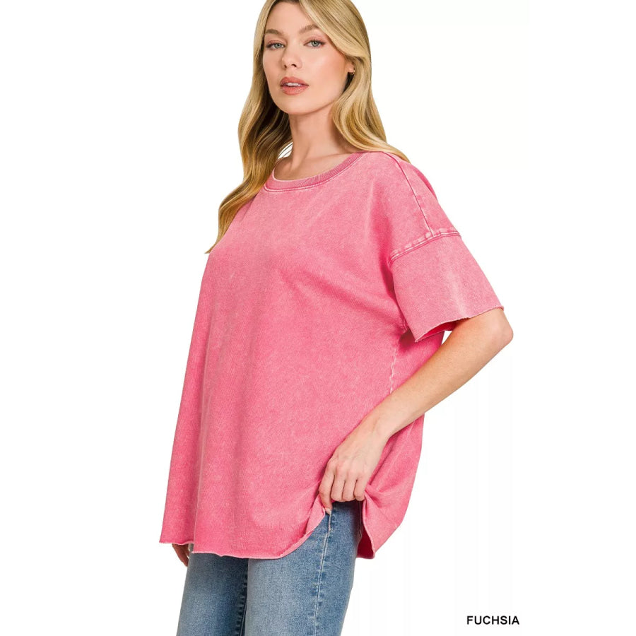 Zenana Acid Wash French Terry Drop Shoulder Raw Edge Top FUCHSIA / S/M Apparel and Accessories