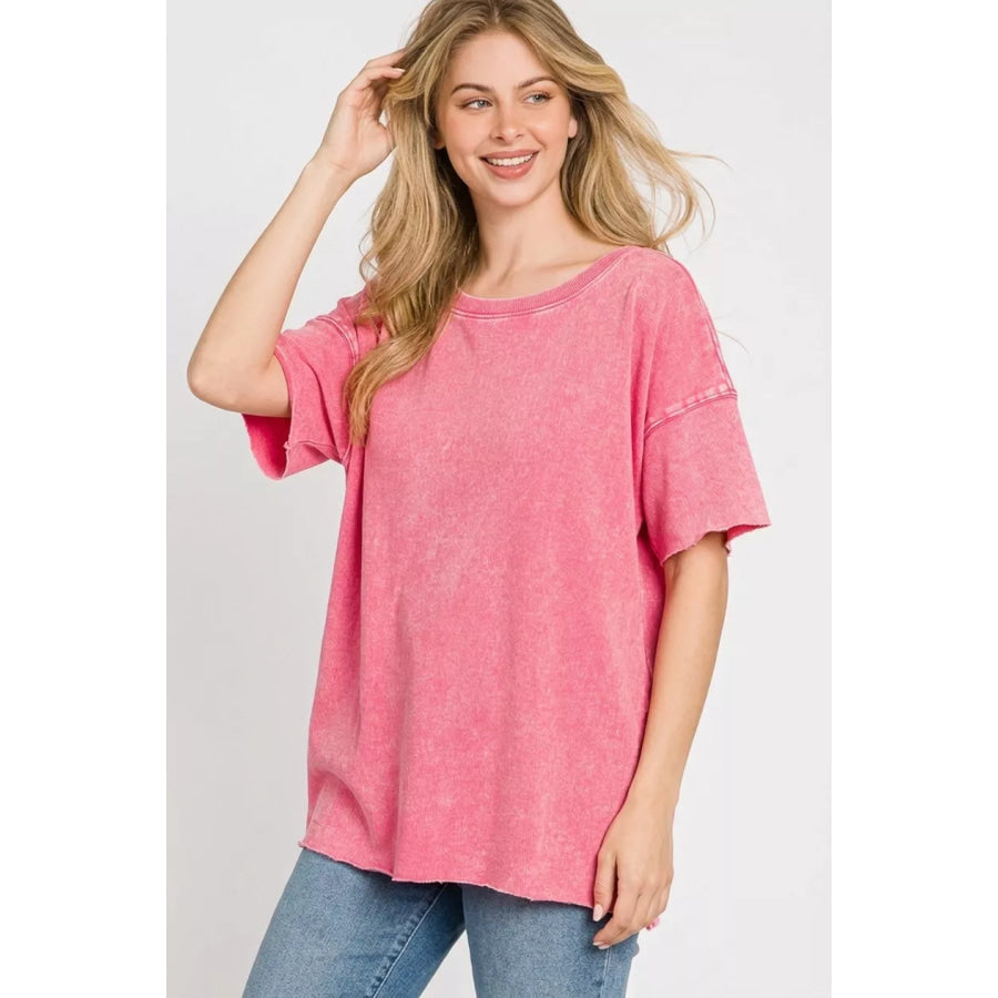 Zenana Acid Wash French Terry Drop Shoulder Raw Edge Top Apparel and Accessories