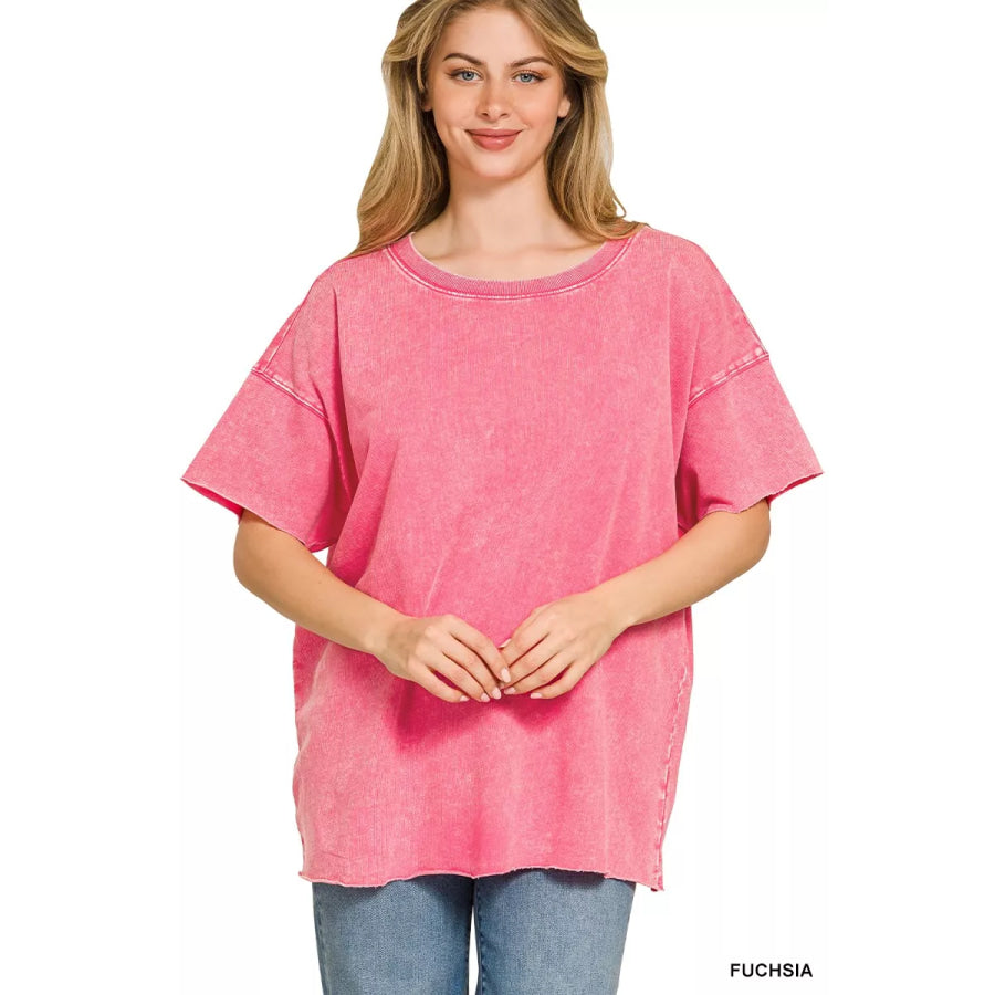 Zenana Acid Wash French Terry Drop Shoulder Raw Edge Top FUCHSIA / S/M Apparel and Accessories