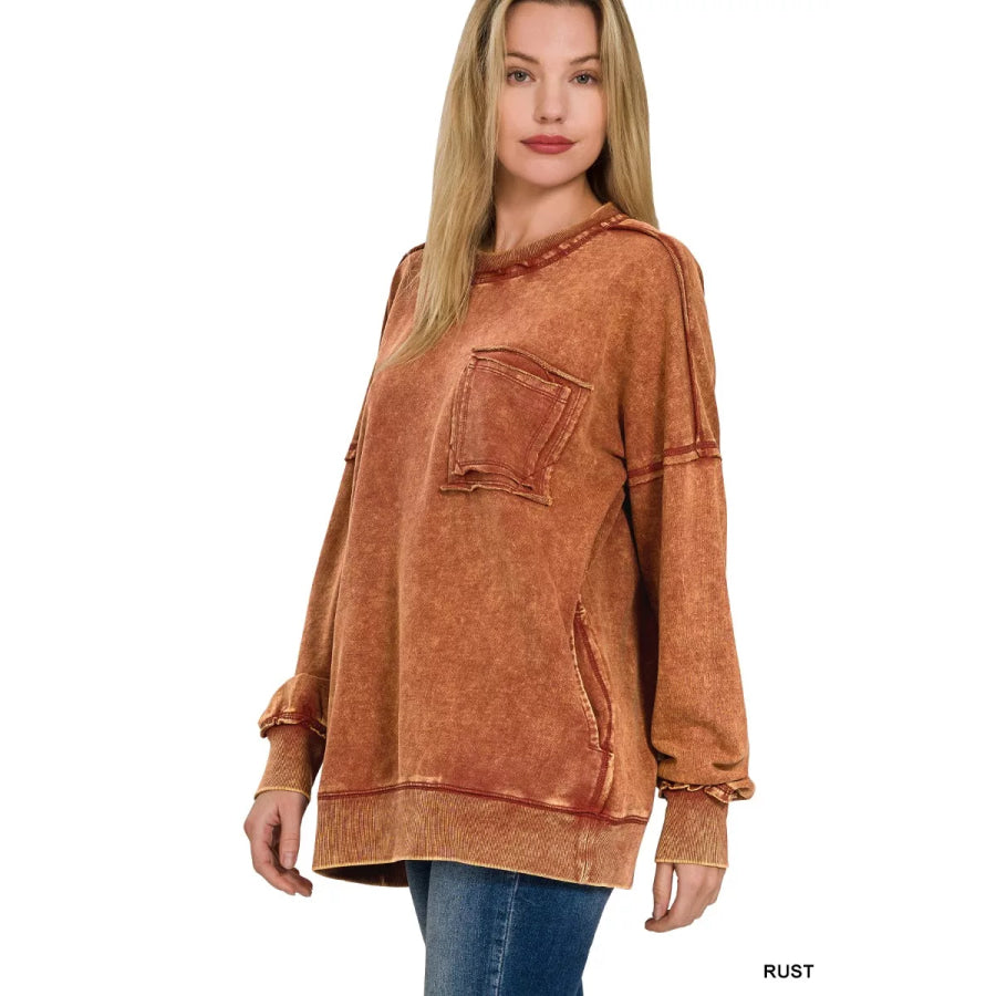 Zenana Acid Wash Raw Edge French Terry Sweatshirt with Front Pocket Apparel and Accessories
