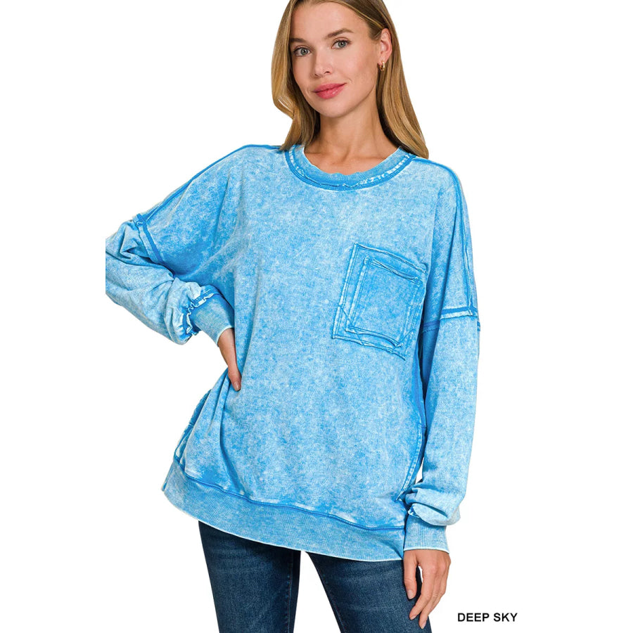Zenana Acid Wash Raw Edge French Terry Sweatshirt with Front Pocket DEEP SKY / S Apparel and Accessories