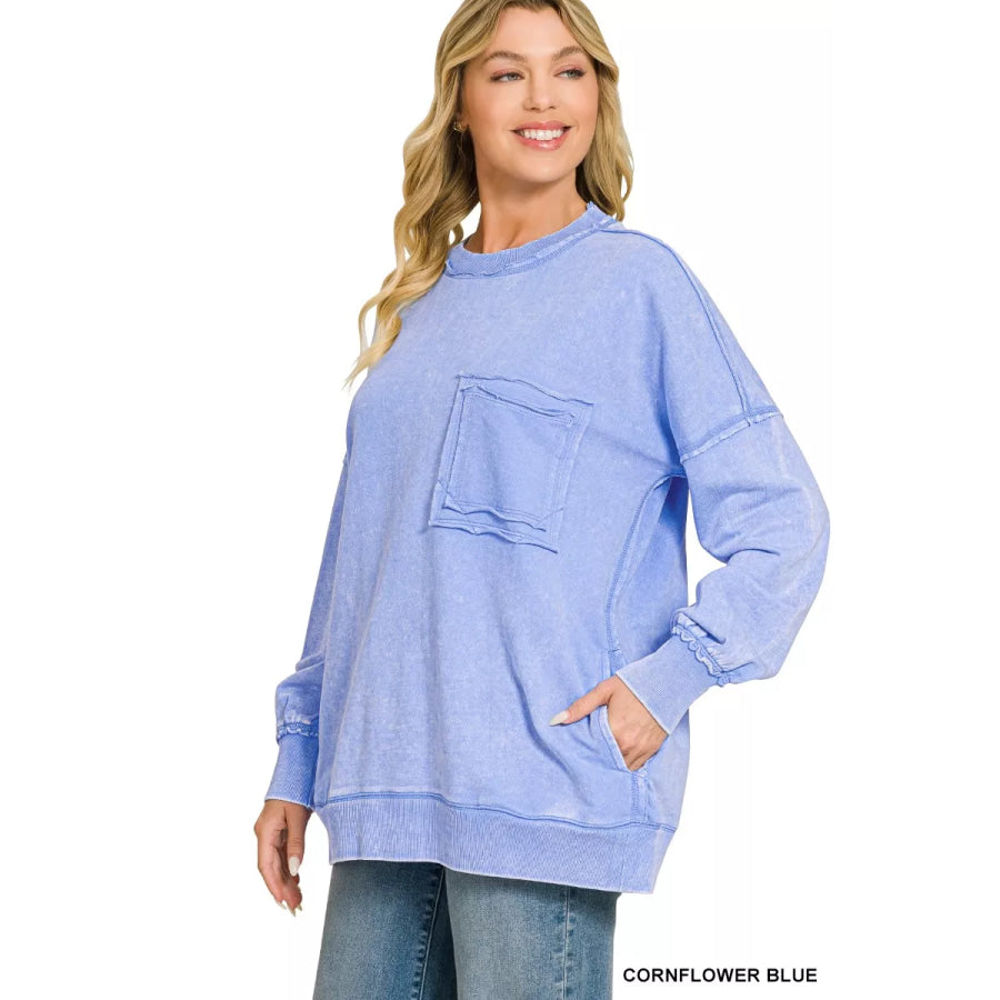 Zenana Acid Wash Raw Edge French Terry Sweatshirt with Front Pocket CORNFLOWER BLUE / S Apparel and Accessories