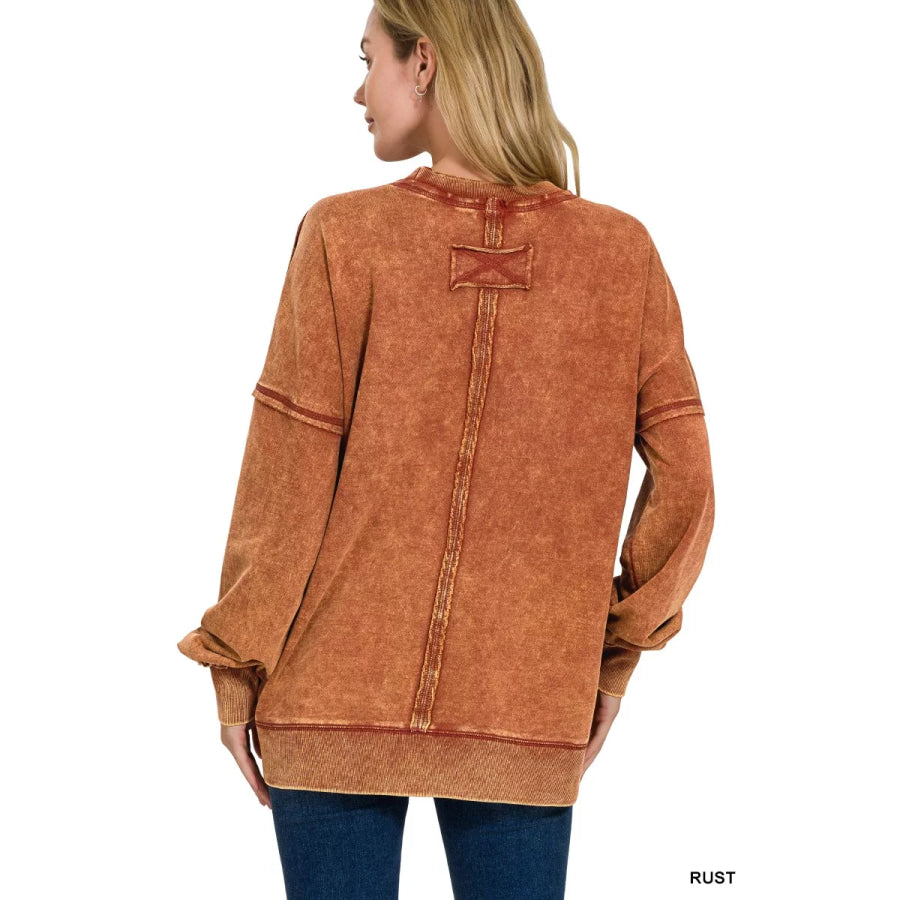 Zenana Acid Wash Raw Edge French Terry Sweatshirt with Front Pocket Apparel and Accessories