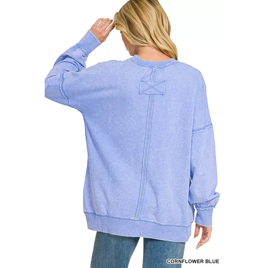 Zenana Acid Wash Raw Edge French Terry Sweatshirt with Front Pocket Apparel and Accessories