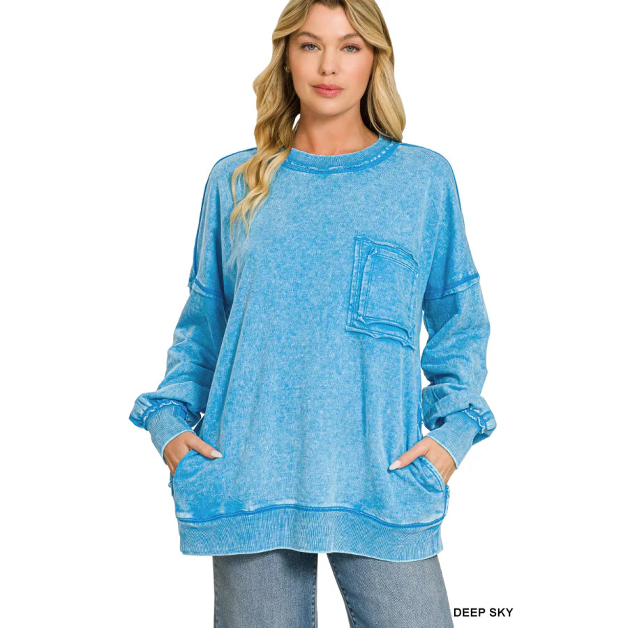 Zenana Acid Wash Raw Edge French Terry Sweatshirt with Front Pocket Apparel and Accessories