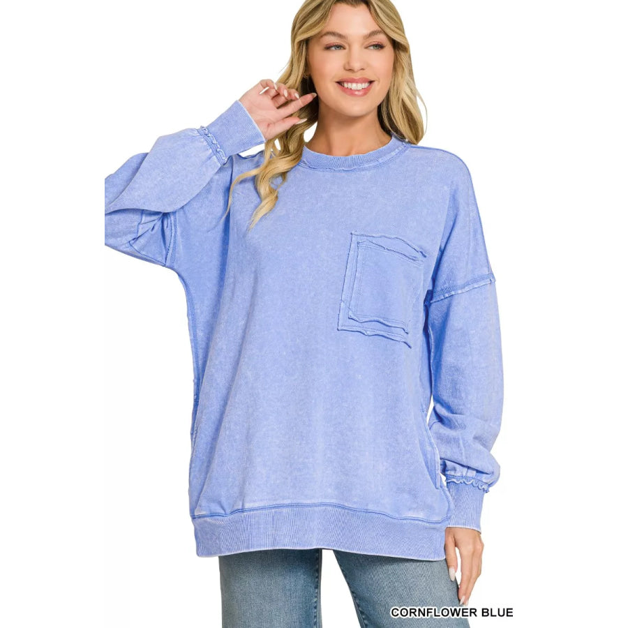 Zenana Acid Wash Raw Edge French Terry Sweatshirt with Front Pocket CORNFLOWER BLUE / S Apparel and Accessories