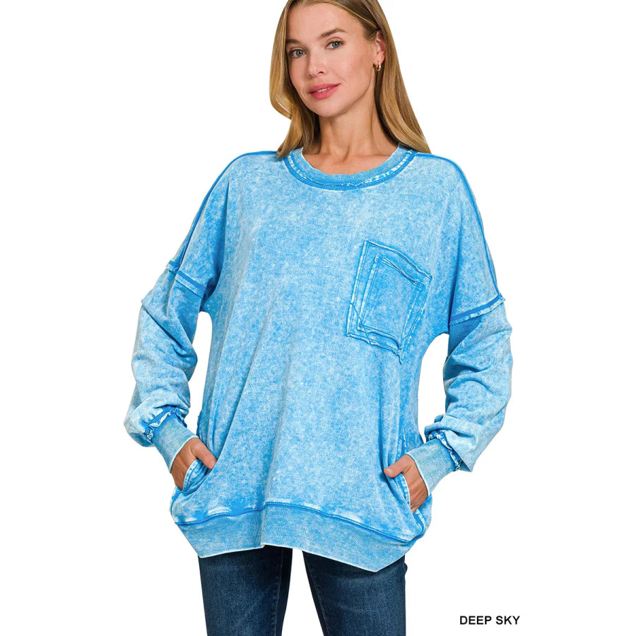 Zenana Acid Wash Raw Edge French Terry Sweatshirt with Front Pocket DEEP SKY / S Apparel and Accessories