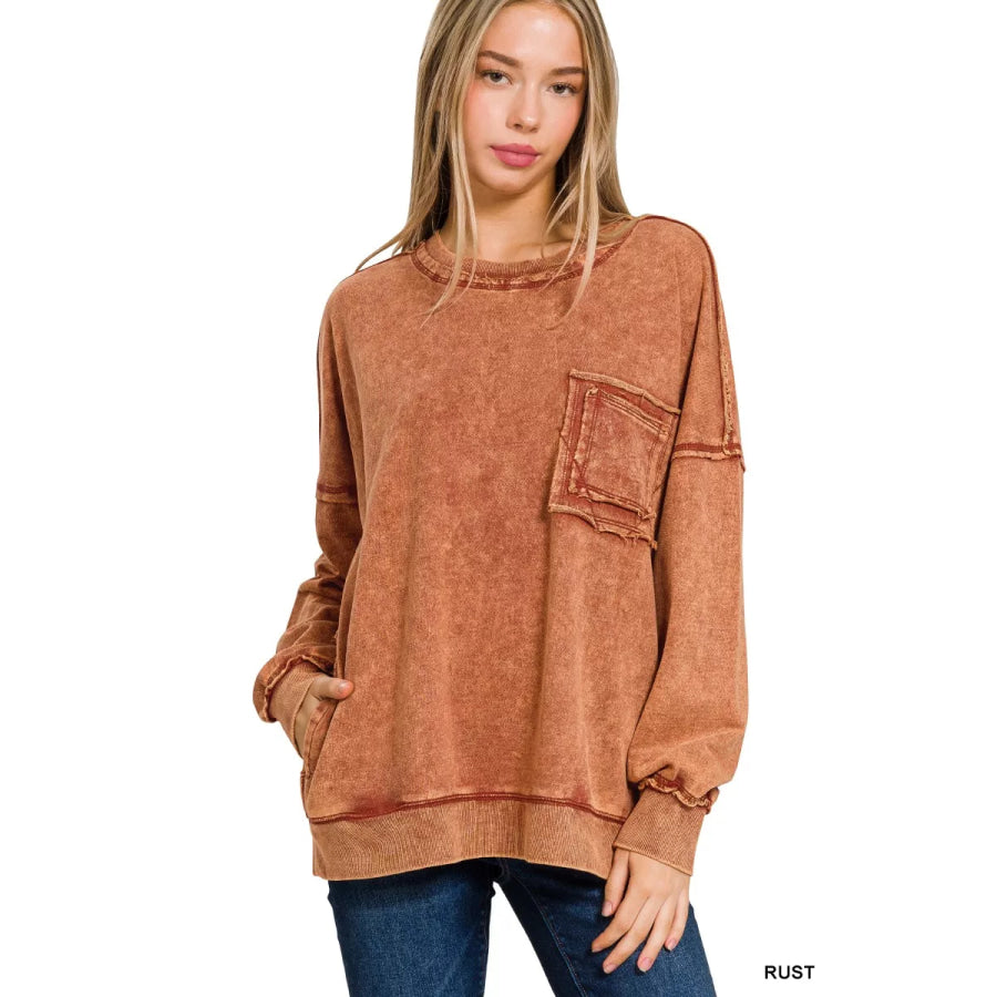Zenana Acid Wash Raw Edge French Terry Sweatshirt with Front Pocket RUST / S Apparel and Accessories