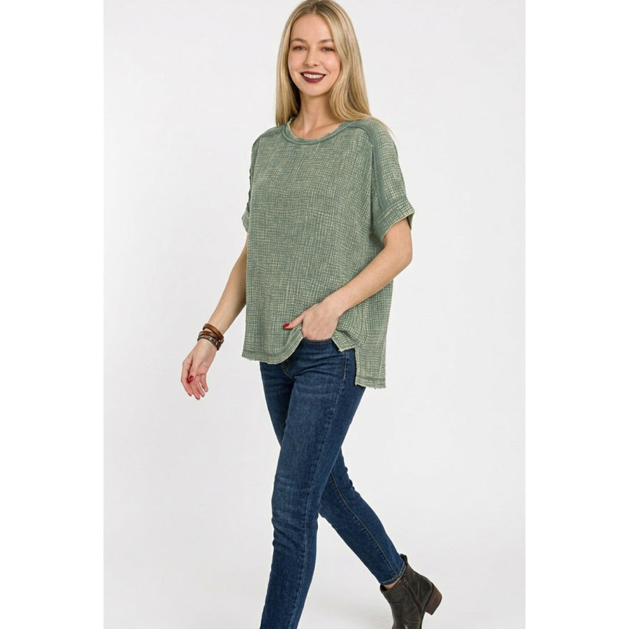 Zenana Acid Washed Double Gauze Round-neck Tee Apparel and Accessories