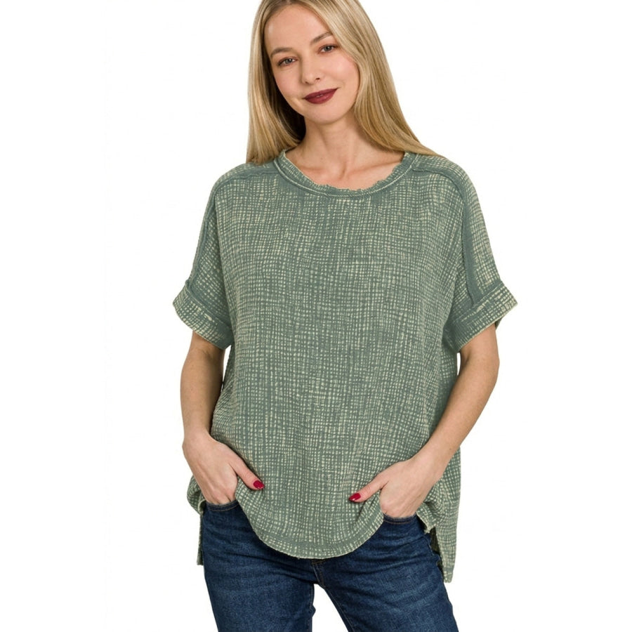 Zenana Acid Washed Double Gauze Round-neck Tee ASH JADE / S Apparel and Accessories