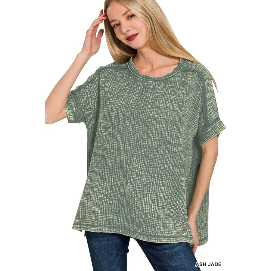 Zenana Acid Washed Double Gauze Round-neck Tee ASH JADE / S Apparel and Accessories