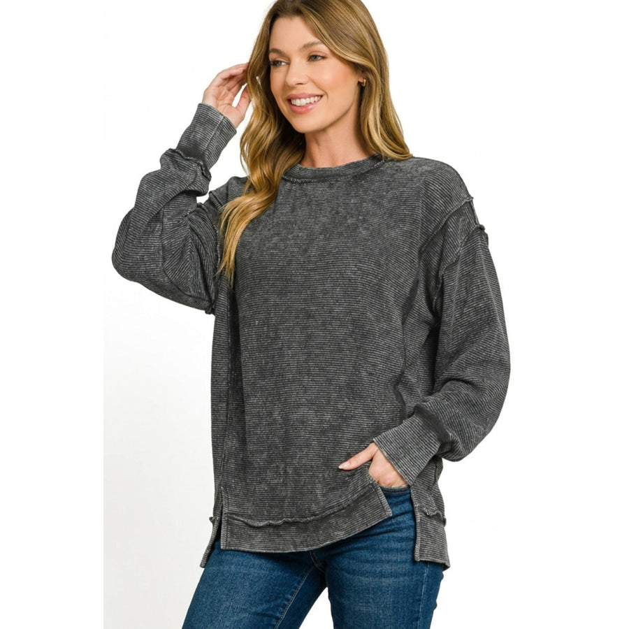 Zenana Acid Washed Double Ribbed Exposed-Seam Sweatshirt BLACK / S Apparel and Accessories