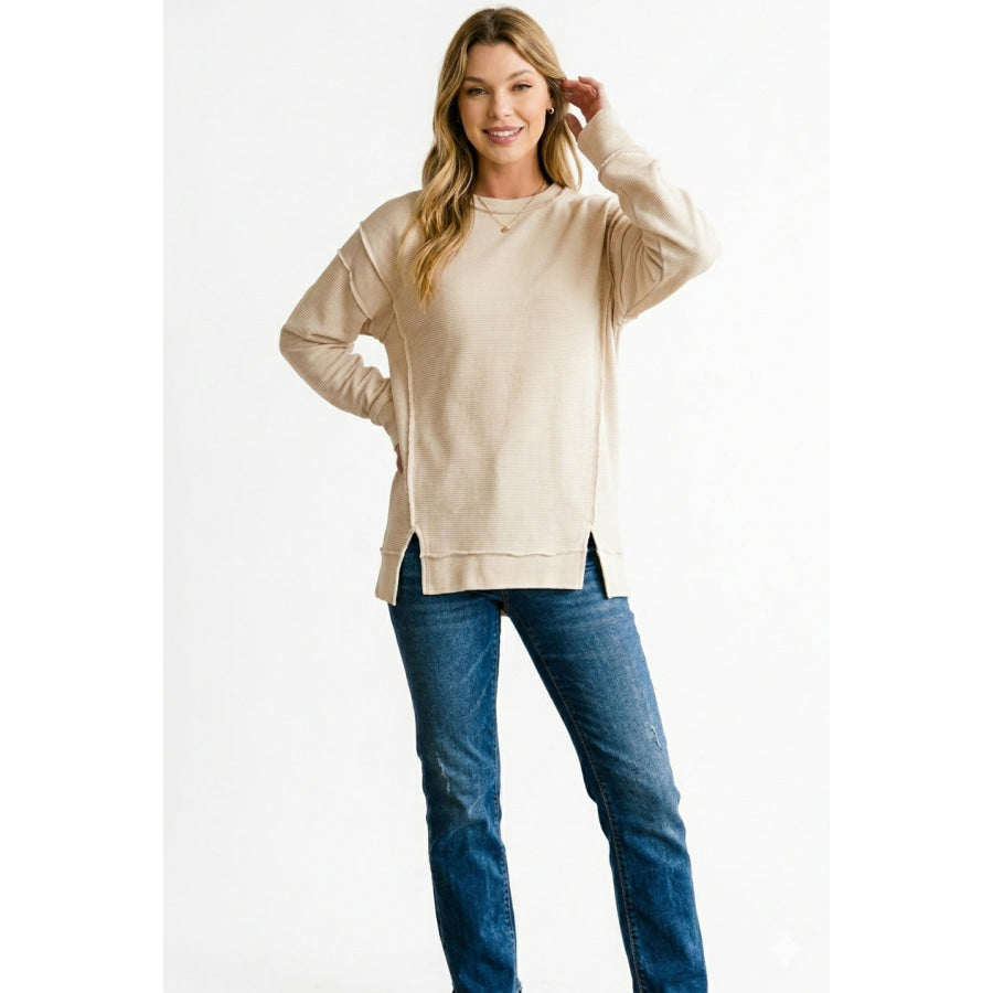 Zenana Acid Washed Double Ribbed Exposed-Seam Sweatshirt Apparel and Accessories
