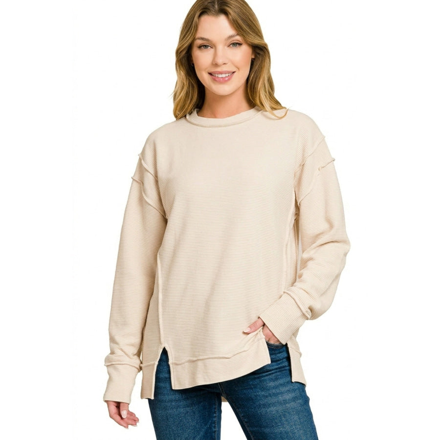 Zenana Acid Washed Double Ribbed Exposed-Seam Sweatshirt Apparel and Accessories
