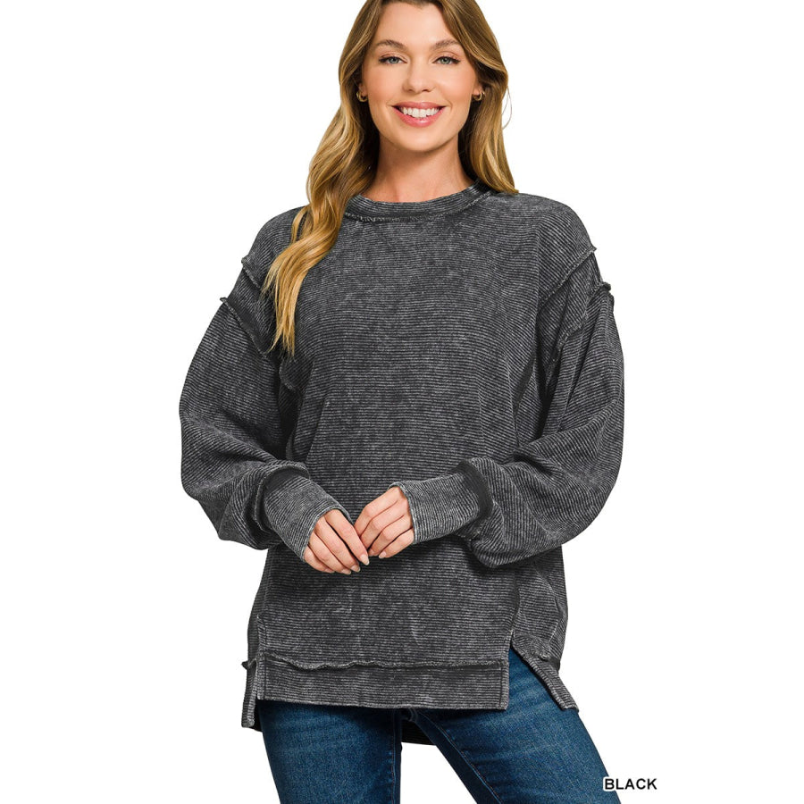 Zenana Acid Washed Double Ribbed Exposed-Seam Sweatshirt BLACK / S Apparel and Accessories