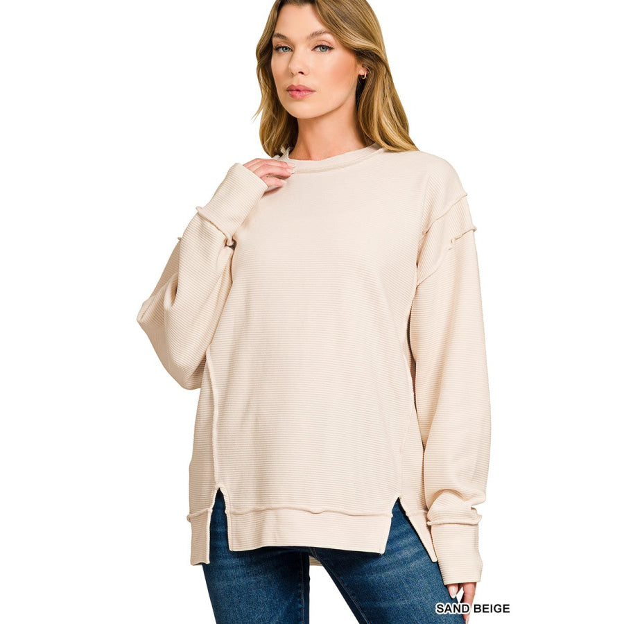 Zenana Acid Washed Double Ribbed Exposed-Seam Sweatshirt SAND BEIGE / S Apparel and Accessories
