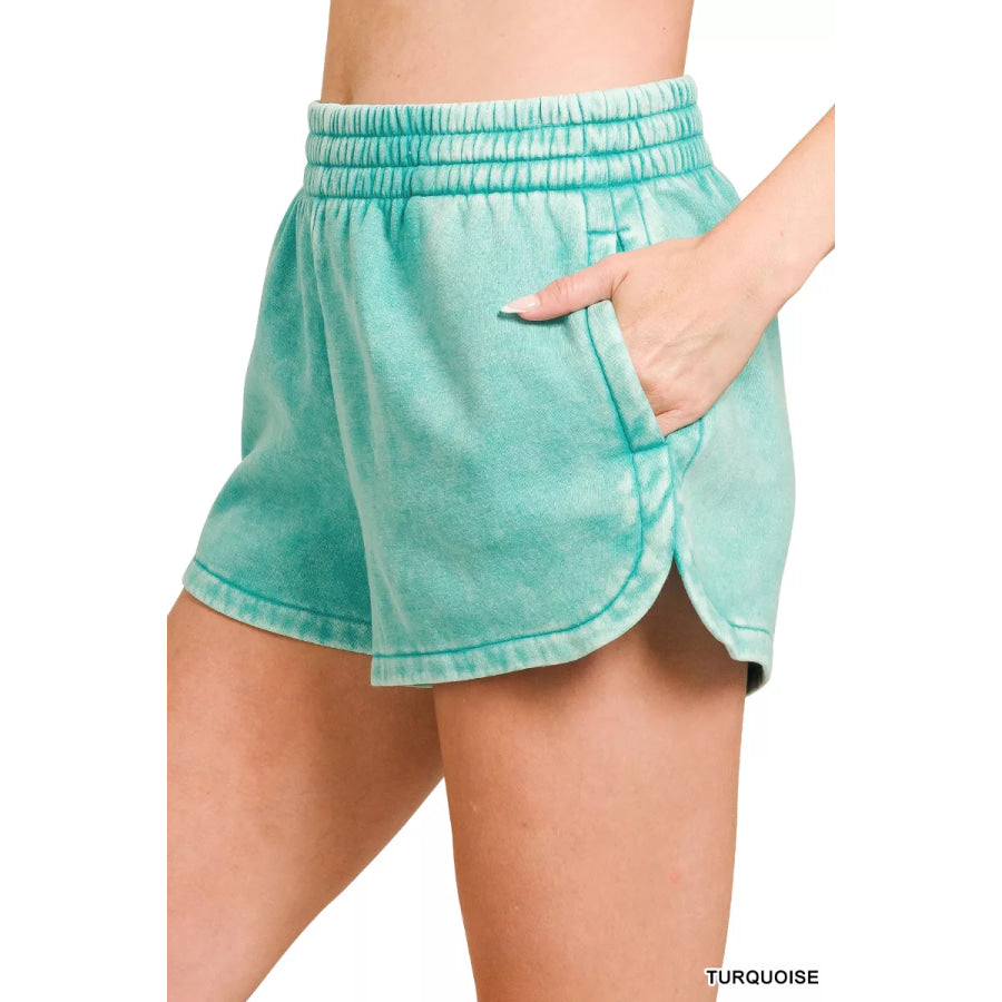 Zenana Acid Washed Elastic Waistband Dolphin Shorts TURQUOISE / S Apparel and Accessories